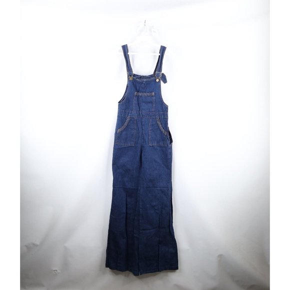 Vintage 70s Womens Medium Braided Denim Flared Bell Bottoms Overalls Blue USA